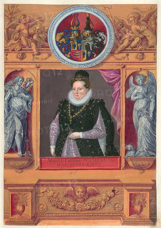 Members of the famous Augsburg Fugger family, Maria Jacobea Fugger, also known as Maria Jakobäa, (1562 - 1588) was a member of the influential Augsburg merchant and noble Fugger family, authentic reproduction from Fuggerorum et Fuggerarum imagines, a collection of coloured engravings created in the late 16th and early 17th century and made by Dominicus Custos, historical