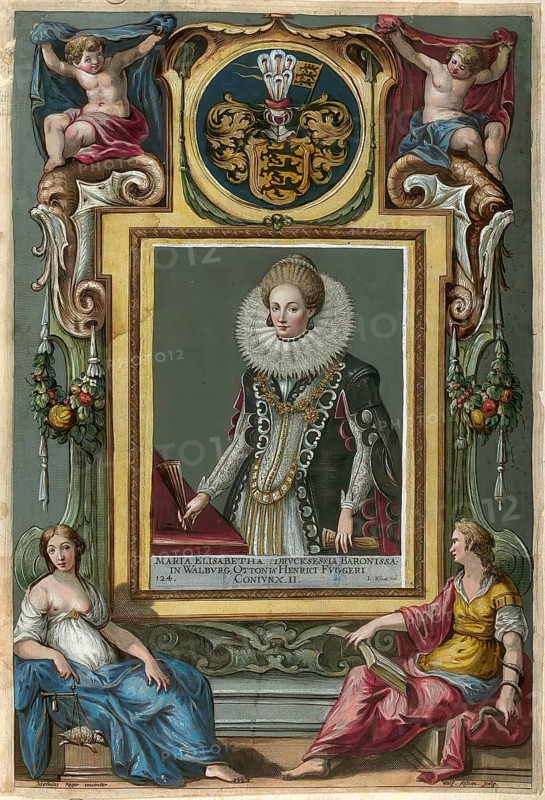 Members of the famous Augsburg Fugger family, Truchsess von Waldburg, Maria Elisabeth (1600 - 1660), authentic reproduction from Fuggerorum et Fuggerarum imagines, a collection of coloured engravings created in the late 16th and early 17th century and made by Dominicus Custos, historical