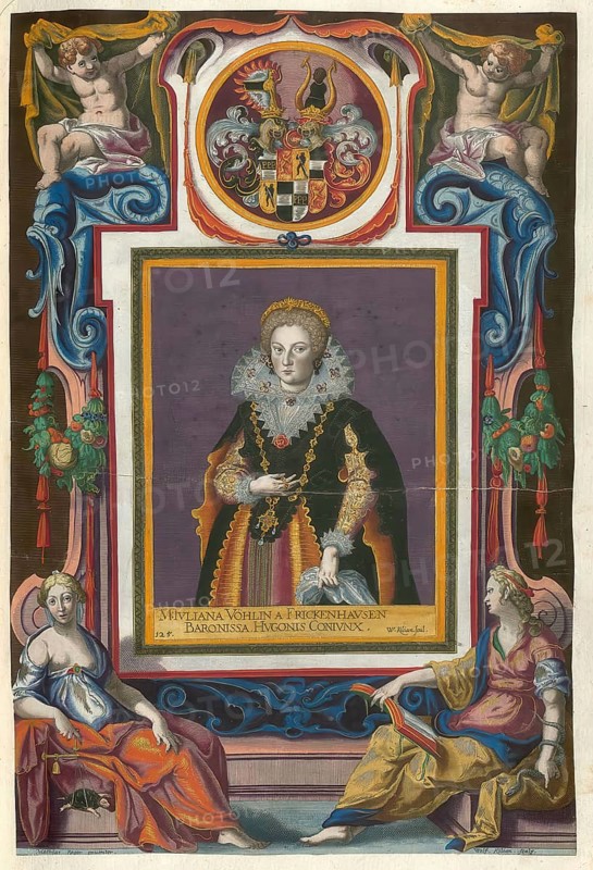 Members of the famous Augsburg Fugger family, Maria Juliana Fugger (1594-1653) born Vöhlin von Frickenhausen, German countess and woman, married to Hugo Fugger, authentic reproduction from Fuggerorum et Fuggerarum imagines, a collection of coloured engravings created in the late 16th and early 17th century and made by Dominicus Custos, historical