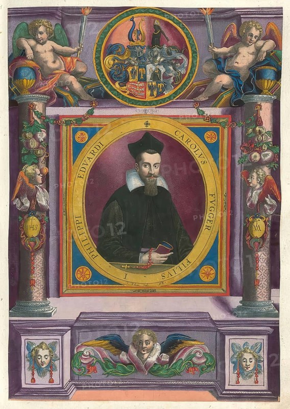The portrait shows Carolus Fugger, also known as Karl Fugger, a son of the Augsburg merchant Philipp Eduard Fugger (1546 to 1618), a member of the famous Augsburg Fugger family. He lived from 1587 to 1642, authentic reproduction from Fuggerorum et Fuggerarum imagines, a collection of coloured engravings created in the late 16th and early 17th century by Dominicus Custos, historical