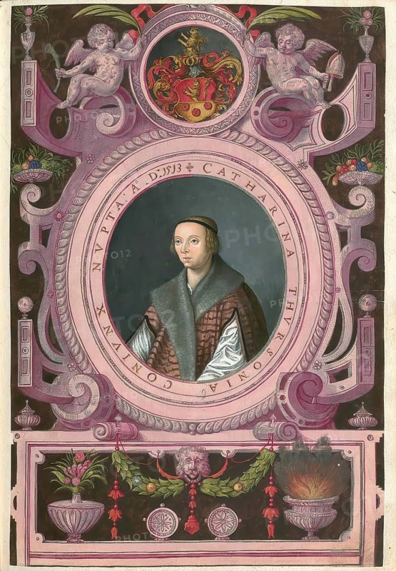 Katharina Thurzo von Bethlenfalva (1488 to 1535) was a member of the influential Hungarian merchant family Thurzo. She married Raymund Fugger and thus became a member of the Fugger family of merchants and bankers in Augsburg, authentic reproduction from Fuggerorum et Fuggerarum imagines, a collection of coloured engravings produced in the late 16th and early 17th century by Dominicus Custos, historical