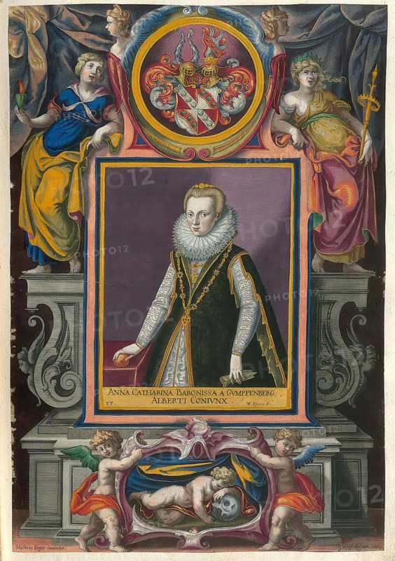 A member of the famous Augsburg Fugger family, Katharina Thurzo (1488 - 1535) was part of the influential Hungarian merchant family Thurzo. She married Raymund Fugger and thus became a member of the Fugger family of merchants and bankers in Augsburg, authentic reproduction from Fuggerorum et Fuggerarum imagines, a collection of coloured engravings created in the late 16th and early 17th century by Dominicus Custos, historical