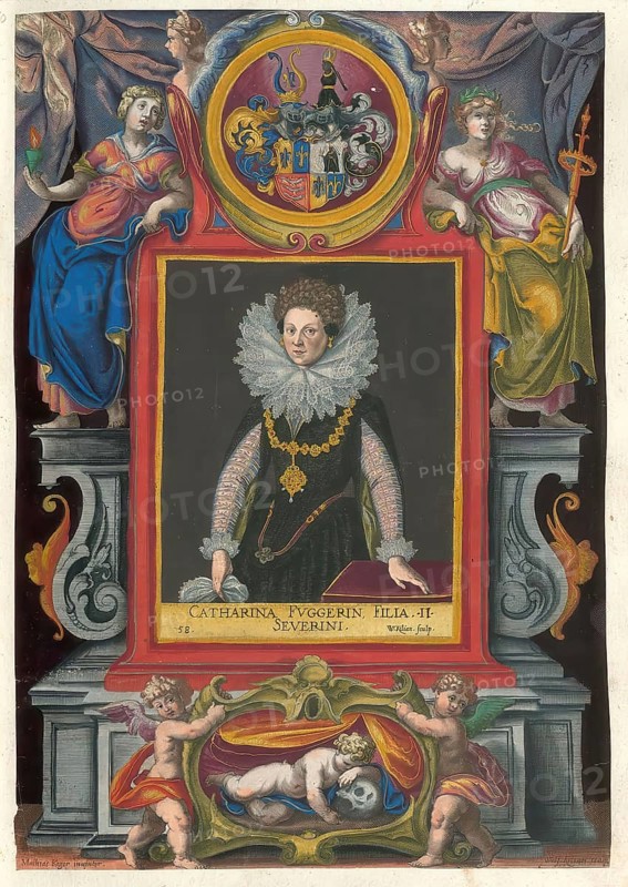 Members of the famous Augsburg Fugger family, Catharina Fugger, also known as Katharina, born 1587, daughter of Severin Freiherr von Fugger (1551 to 1601) and his woman Katharina Gräfin von Helfenstein-Wiesensteig, authentic reproduction from Fuggerorum et Fuggerarum imagines, a collection of coloured engravings created in the late 16th and early 17th century and produced by Dominicus Custos, historical