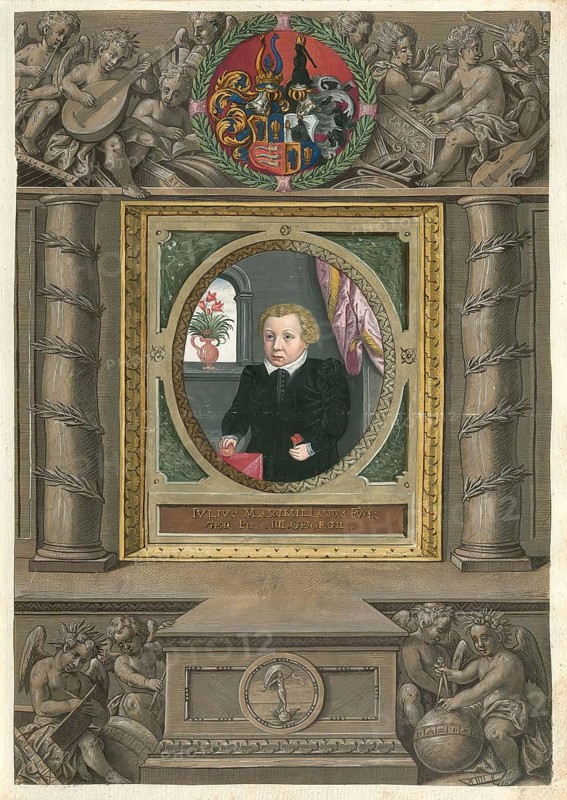Member of the famous Augsburg Fugger family, Julius Maximilian Fugger, was one of the sons of Georg Fugger (1518 - 1569), authentic reproduction from Fuggerorum et Fuggerarum imagines, a collection of coloured engravings made in the late 16th and early 17th century by Dominicus Custos, historical