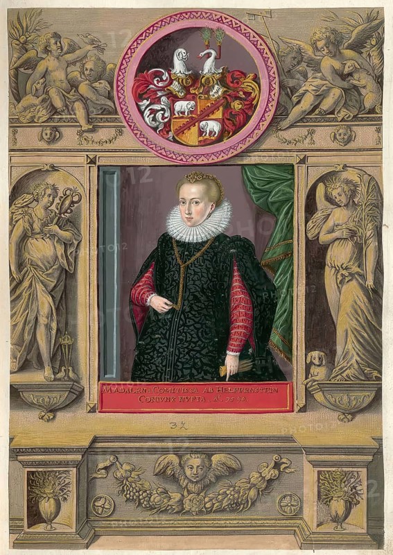 Members of the famous Augsburg Fugger family, Maria Magdalena von Helfenstein-Wiesensteig (1562 - 1622), she was a daughter of Sebastian von Helfenstein-Wellenheim and married Joachim Fugger von Kirchberg und Weißenhorn in 1582, authentic reproduction from Fuggerorum et Fuggerarum imagines, a collection of coloured engravings created in the late 16th and early 17th century and made by Dominicus Custos, historical