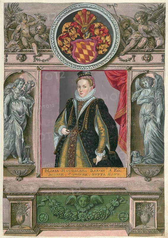 Members of the famous Fugger family in Augsburg, Maria Magdalena von Koenigsegg, also Freiin von Koenigsegg, died in 1592. In 1573 she married Philipp Eduard Fugger, authentic reproduction from Fuggerorum et Fuggerarum imagines, a collection of colored copper engravings created in the late 16th and early 17th century and made by Dominicus Custos, historical