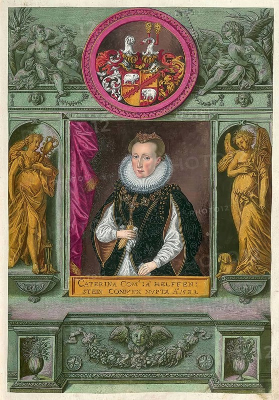 Members of the famous Augsburg Fugger family, Katharina von Helfenstein-Wiesensteig (1589 to 1638) was a countess who married Ernst I von Oettingen-Baldern in Wiesensteig on 20 September 1608 and was an important figure in the Swabian nobility during the early 17th century, authentic reproduction from Fuggerorum et Fuggerarum imagines, a collection of coloured engravings created in the late 16th and early 17th century and made by Dominicus Custos, historical