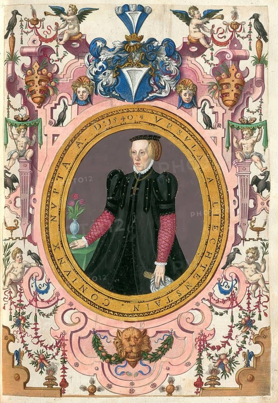 Ursula von Lichtenstein zu Carneid (1542 - 1573), a member of the famous Augsburg Fugger family, was a member of the Tyrolean noble family of Liechtenstein-Kastelkorn, authentic reproduction from Fuggerorum et Fuggerarum imagines, a collection of coloured copperplate engravings produced in the late 16th and early 17th century by Dominicus Custos, historical