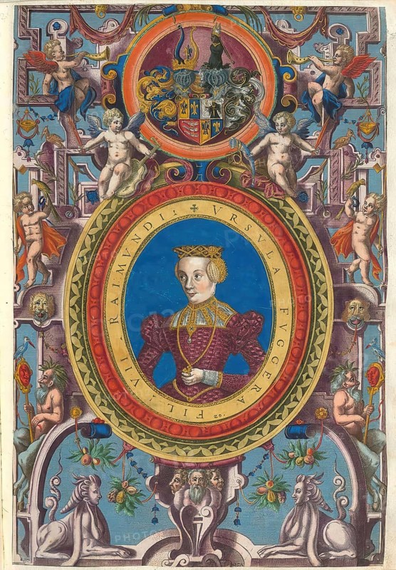 Members of the famous Augsburg Fugger family, Ursula Fugger (1530 - 1570) was a daughter of the Augsburg banker and patron of the arts Raymund Fugger (1489 - 1535), authentic reproduction from Fuggerorum et Fuggerarum imagines, a collection of coloured engravings created in the late 16th and early 17th century and made by Dominicus Custos, historical