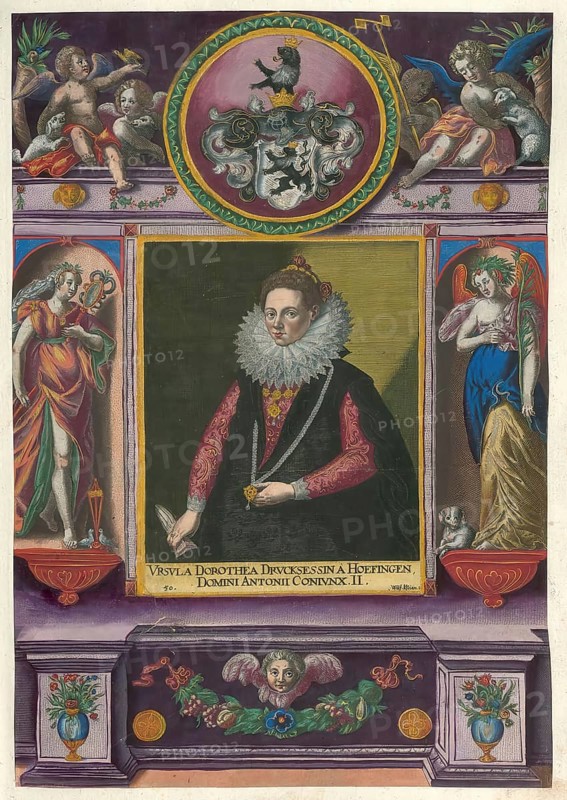 Members of the famous Augsburg Fugger family, Ursula Dorothea Drucksessin von Hoefingen, Ursula Dorothea Fugger (1555 - 1619), she was the second woman of Anton Fugger, authentic reproduction from Fuggerorum et Fuggerarum imagines, a collection of coloured engravings created in the late 16th and early 17th century and made by Dominicus Custos, historical