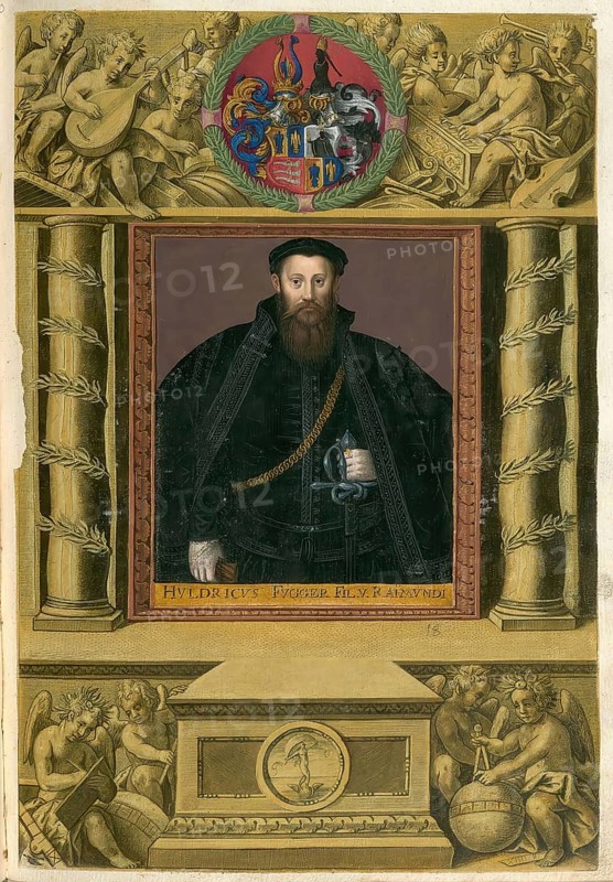 Members of the famous Fugger family in Augsburg, Ulrich Fugger, 1526 - 1584, Count of Kirchberg since 1530. He was an important German humanist and member of the well-known Augsburg-based merchant family Fugger, authentic reproduction from Fuggerorum et Fuggerarum imagines, a collection of colored copper engravings created in the late 16th and early 17th century and made by Dominicus Custos, historical