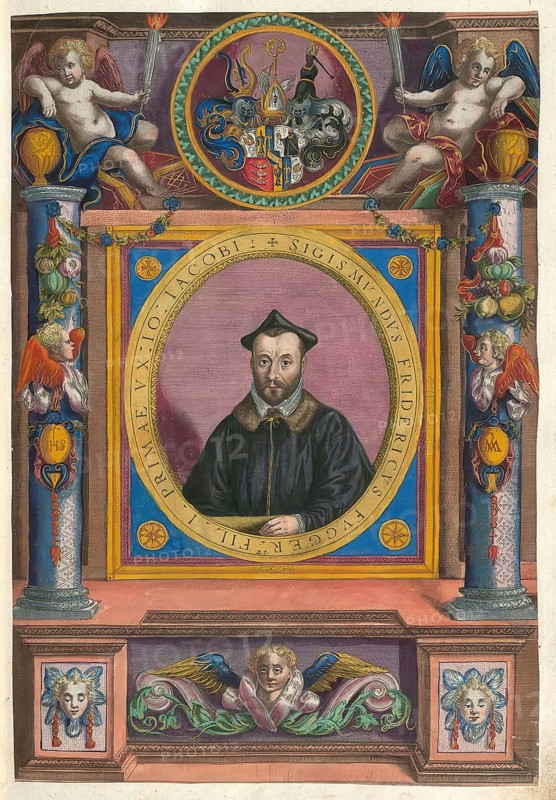 Members of the famous Fugger family in Augsburg, portrait of Sigmund Friedrich Graf Fugger von Kirchberg and Weissenhorn. He was born in Augsburg in 1542 and died in 1600. He was a Roman Catholic priest, canon and cathedral dean in Passau, authentic reproduction from Fuggerorum et Fuggerarum imagines, a collection of colored copper engravings created in the late 16th and early 17th century and made by Dominicus Custos, historical