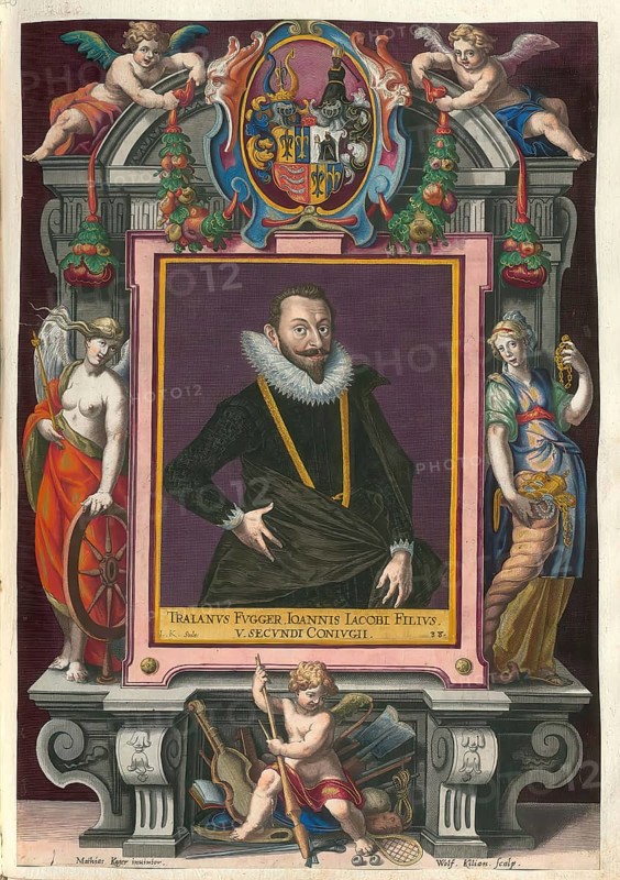 Members of the famous Augsburg Fugger family, Trajan Fugger, also Tralanus Fugger, (1572 - 1614), a German merchant, banker and landowner from the Fugger von der Lilie line, authentic reproduction from Fuggerorum et Fuggerarum imagines, a collection of coloured engravings created in the late 16th and early 17th century and made by Dominicus Custos, historical