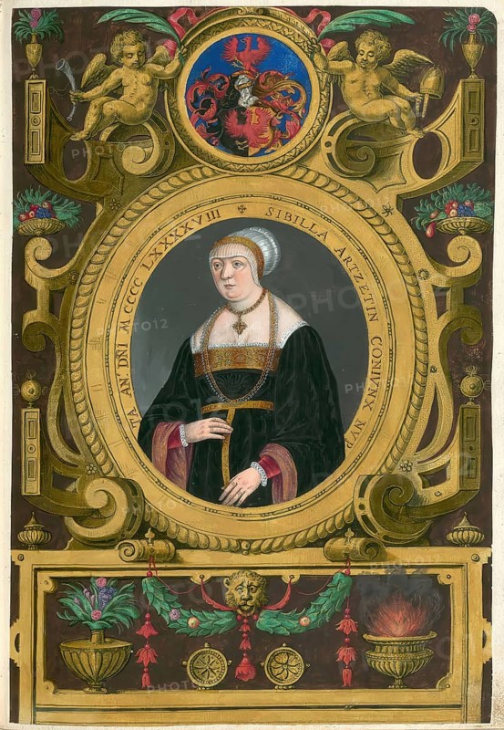 Members of the famous Fugger family in Augsburg, Sibylla Artzt, also Sibille Fugger, the woman of Jakob Fugger the Rich. She was born around 1480 in Augsburg and died there in 1546, authentic reproduction from Fuggerorum et Fuggerarum imagines, a collection of colored copper engravings created in the late 16th and early 17th century and made by Dominicus Custos, historical