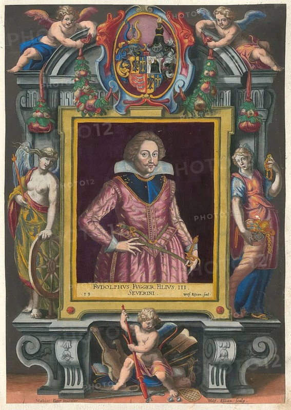 Members of the famous Augsburg Fugger family, Rudolf Freiherr Fugger (1589 - 1616), a Count of Kirchberg and Weissenhorn from the Fugger von der Lilie line, authentic reproduction from Fuggerorum et Fuggerarum imagines, a collection of coloured engravings created in the late 16th and early 17th century and made by Dominicus Custos, historical