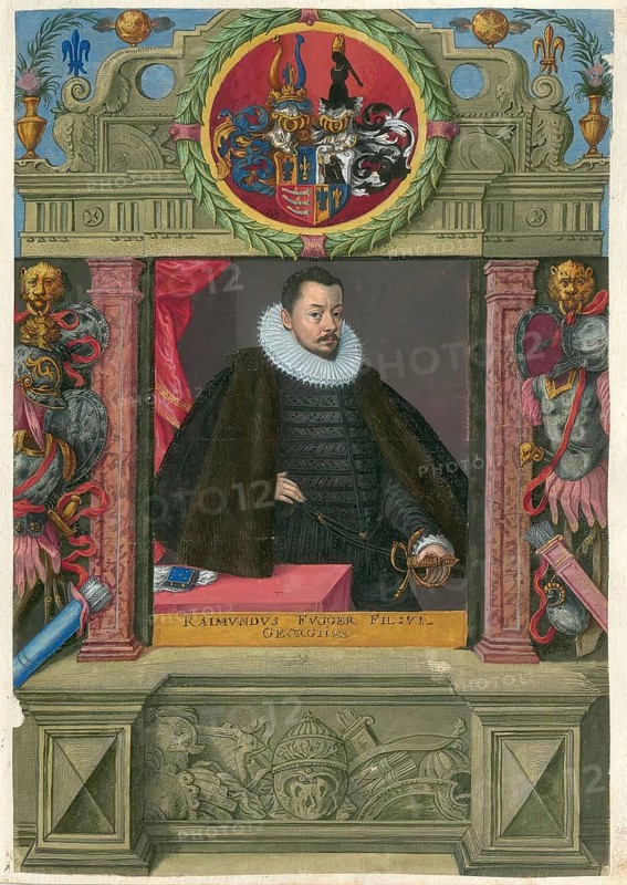 Members of the famous Augsburg Fugger family, Raimund Fugger (1489-1535) was the son of Georg Fugger and Regina Imhoff, authentic reproduction from Fuggerorum et Fuggerarum imagines, a collection of coloured engravings made in the late 16th and early 17th century by Dominicus Custos, historical