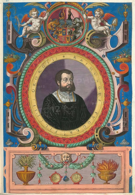 Members of the famous Augsburg Fugger family, Raymund Fugger (1528 - 1569), a member of the famous Augsburg merchant and patrician Fugger family, authentic reproduction from Fuggerorum et Fuggerarum imagines, a collection of coloured engravings produced in the late 16th and early 17th century by Dominicus Custos, historical