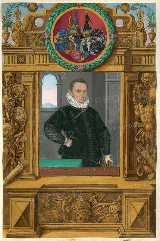 Members of the famous Augsburg Fugger family, Antonius Fugger, Anton Fugger von Nordendorf (1563-1616), son of Marci Fugger, authentic reproduction from Fuggerorum et Fuggerarum imagines, a collection of coloured engravings created in the late 16th and early 17th century and made by Dominicus Custos, historical