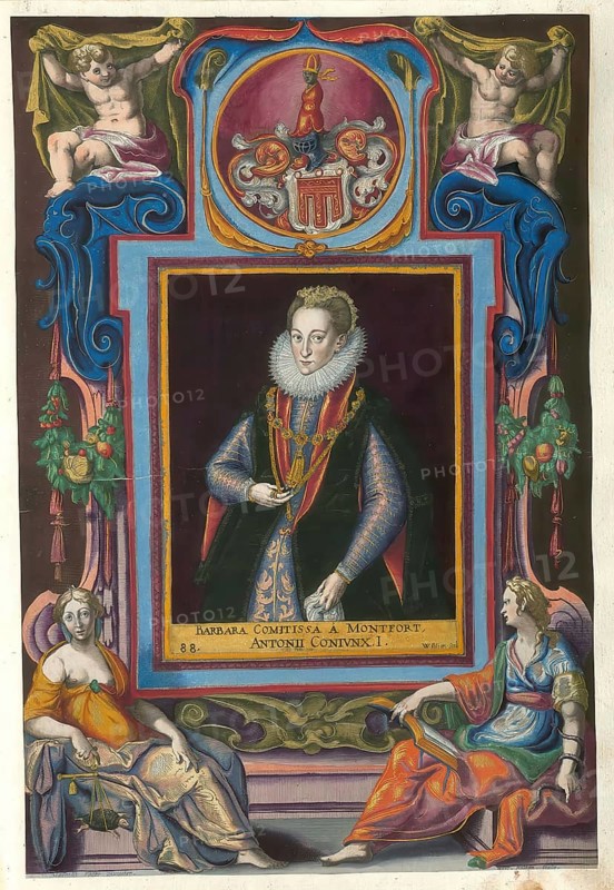 Members of the famous Augsburg-based Fugger family, Montfort, Barbara, born 1568, died September 26, 1599, woman of Anton Fugger, authentic reproduction from Fuggerorum et Fuggerarum imagines, a collection of colored copper engravings created in the late 16th and early 17th century and made by Dominicus Custos, historical