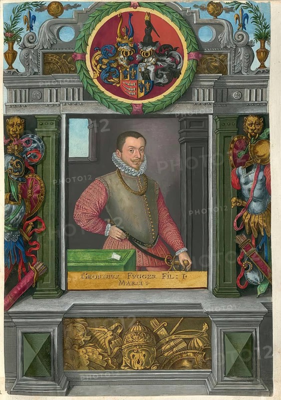 Members of the famous Augsburg Fugger family, Georg Fugger, (1560 - 1634), married to Helena von Madruzzo, son of Markus Fugger, authentic reproduction from Fuggerorum et Fuggerarum imagines, a collection of coloured engravings created in the late 16th and early 17th century and made by Dominicus Custos, historical