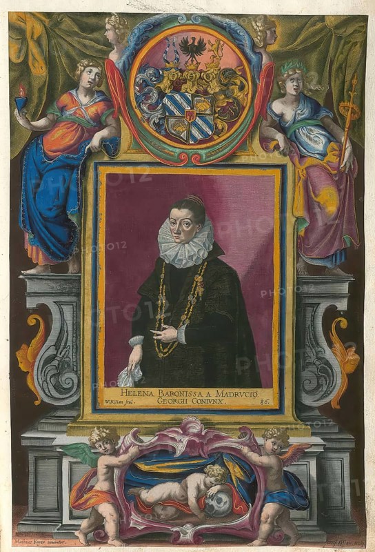 Members of the famous Augsburg Fugger family, Helena Fugger (ca. 1560- ?) née Madruzzo, Italian baroness, woman of Georg Fugger, authentic reproduction from Fuggerorum et Fuggerarum imagines, a collection of coloured engravings made in the late 16th and early 17th century by Dominicus Custos, historical