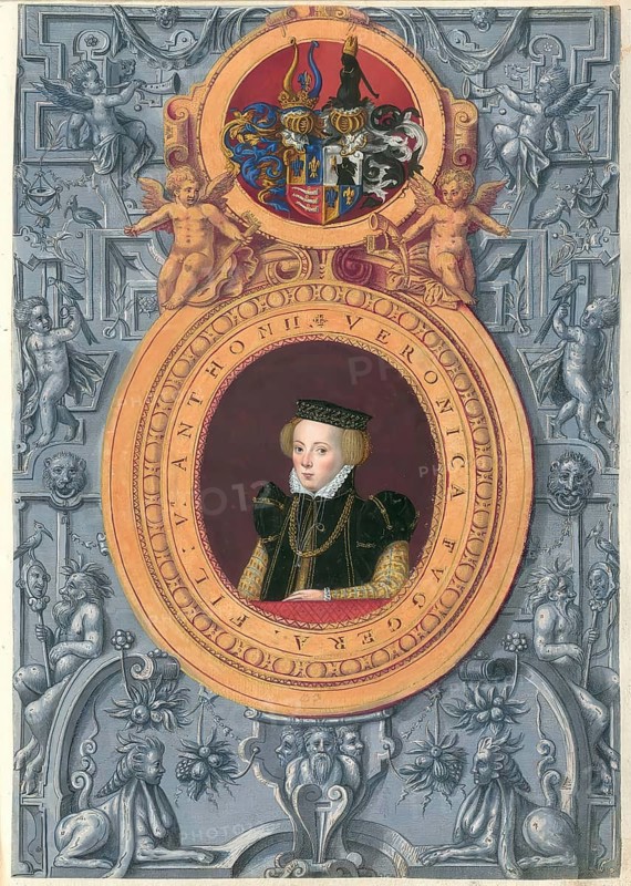 Members of the famous Augsburg Fugger family, Veronika Countess Fugger (1545 - 1590), daughter of Anton Fugger, authentic reproduction from Fuggerorum et Fuggerarum imagines, a collection of coloured engravings created in the late 16th and early 17th century by Dominicus Custos, historical