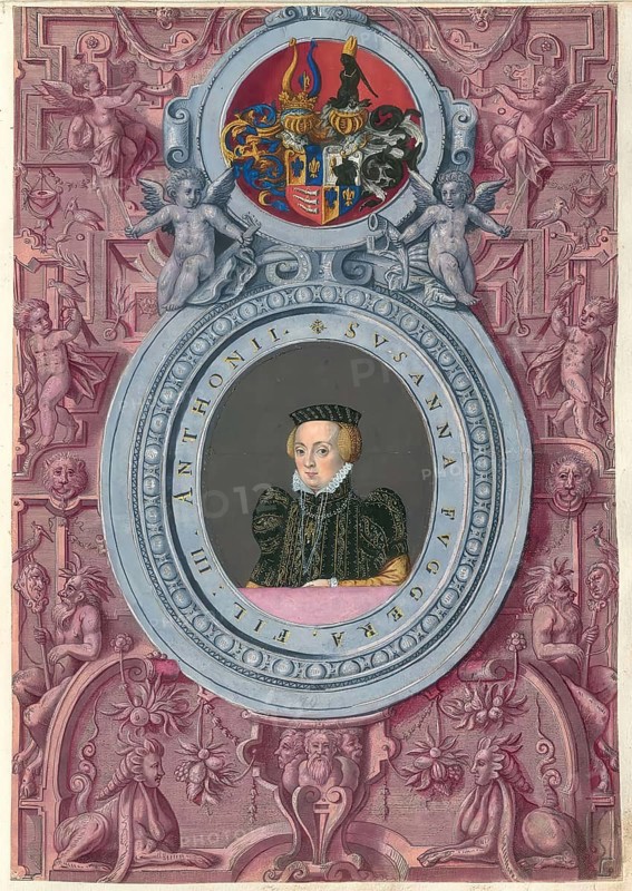 Members of the famous Augsburg Fugger family, Susanna (1539 - 1588), married to Balthasar Trautson Freiherr von Matrai, daughter of Anton Fugger von der Lilie, Susanna Fuggera, Susanna Fugger (1539 - 1584), authentic reproduction from Fuggerorum et Fuggerarum imagines, a collection of coloured engravings created in the late 16th and early 17th century and made by Dominicus Custos, historical