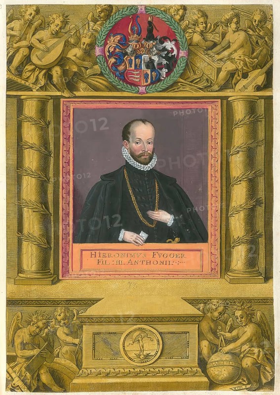 Members of the famous Augsburg Fugger family, Hieronymus Count Fugger zu Wellenburg und Rettenbach (1584 - 1633), married to Maria Countess Fugger, authentic reproduction from Fuggerorum et Fuggerarum imagines, a collection of coloured engravings produced in the late 16th and early 17th century by Dominicus Custos, historical