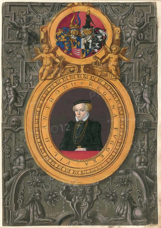 Members of the famous Augsburg Fugger family, Regina Fugger (1537 - 1584), married to Wolfgang Dietrich Graf zu Hardegg, daughter of Anton Fugger von der Lilie, authentic reproduction from Fuggerorum et Fuggerarum imagines, a collection of coloured engravings created in the late 16th and early 17th century and produced by Dominicus Custos, historical