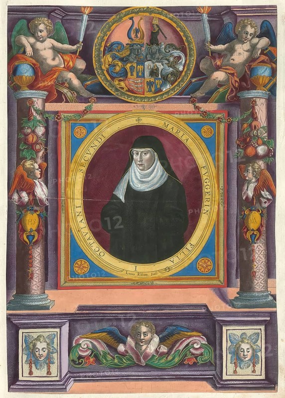 Members of the famous Fugger family in Augsburg, Maria Fugger, 1572 - 1622, daughter of Octavianus Secundus Fugger, authentic reproduction from Fuggerorum et Fuggerarum imagines, a collection of colored copper engravings created in the late 16th and early 17th century and made by Dominicus Custos, historical