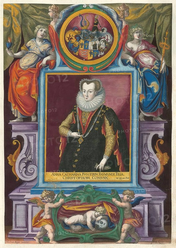 Members of the famous Augsburg Fugger family, Anna Catharina Fugger, Anna Katharina Fugger (1584 - 1635) Kirchberg Weißenhorn, daughter of Raymund Fugger, authentic reproduction from Fuggerorum et Fuggerarum imagines, a collection of coloured engravings made in the late 16th and early 17th century by Dominicus Custos, historical