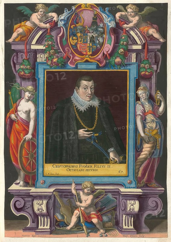 Members of the famous Fugger family in Augsburg, Christoperus Fugger, son of Octavianus Secundus Fugger von Kirchberg and Weissenhorn, authentic reproduction from Fuggerorum et Fuggerarum imagines, a collection of colored copper engravings created in the late 16th and early 17th century and made by Dominicus Custos, historical