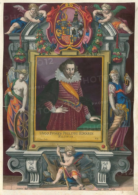 Members of the famous Fugger family in Augsburg, Hugo, Freiherr Fugger, Count of Kirchberg and Weissenhorn, Hugo zu Kirchberg and Weissenhorn, 1589 - 1627, authentic reproduction from Fuggerorum et Fuggerarum imagines, a collection of colored copper engravings created in the late 16th and early 17th century and made by Dominicus Custos, historical