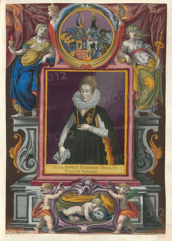 Members of the famous Augsburg Fugger family, Anna Sophia Fugger (1585-1643), authentic reproduction from Fuggerorum et Fuggerarum imagines, a collection of coloured engravings made in the late 16th and early 17th century by Dominicus Custos, historical