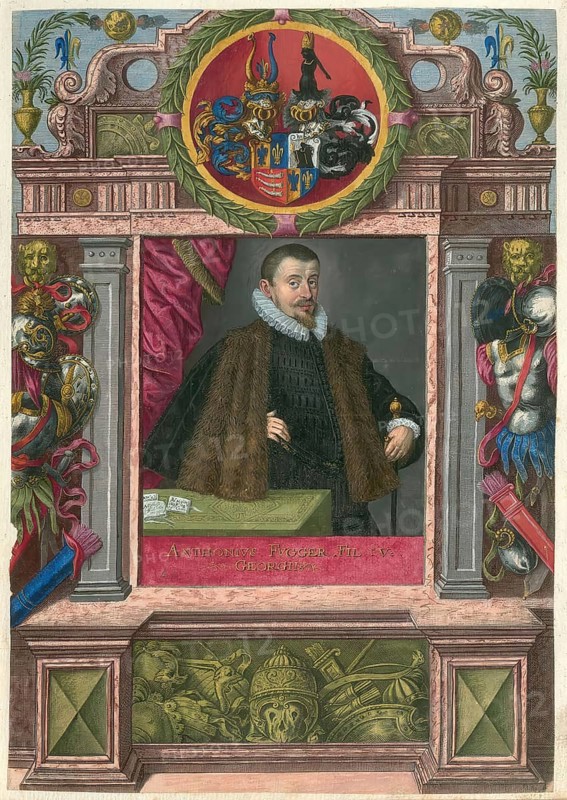 Members of the famous Augsburg Fugger family, Anton Fugger von der Lilie (born 10 June 1493 in Augsburg, died 14 September 1560 in Augsburg) was a German merchant, imperial count and banker, authentic reproduction from Fuggerorum et Fuggerarum imagines, a collection of coloured engravings created in the late 16th and early 17th century and made by Dominicus Custos, historical