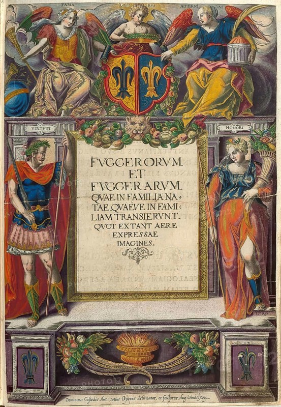 Members of the famous Fugger family in Augsburg, title of the book Fuggerorum et Fuggerarum imagines, pictures of the Fuggian men and woman, published by Dominicus Custos around 1593/1618, authentic reproduction from Fuggerorum et Fuggerarum imagines, a collection of colored copper engravings created in the late 16th and early 17th century and made by Dominicus Custos, historical