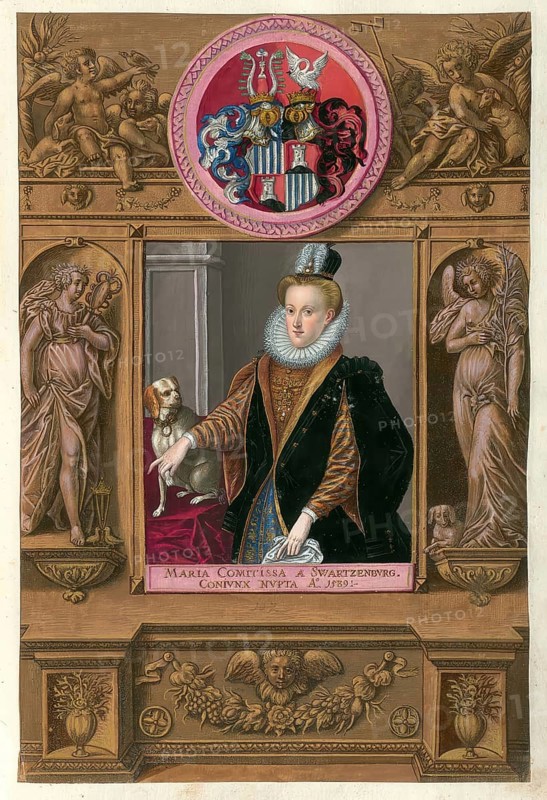 Members of the famous Augsburg Fugger family, Maria von Schwarzenberg (1572-1622), wife of Christoph Fugger von Glött, authentic reproduction from Fuggerorum et Fuggerarum imagines, a collection of coloured copperplate engravings produced in the late 16th and early 17th century by Dominicus Custos, historical