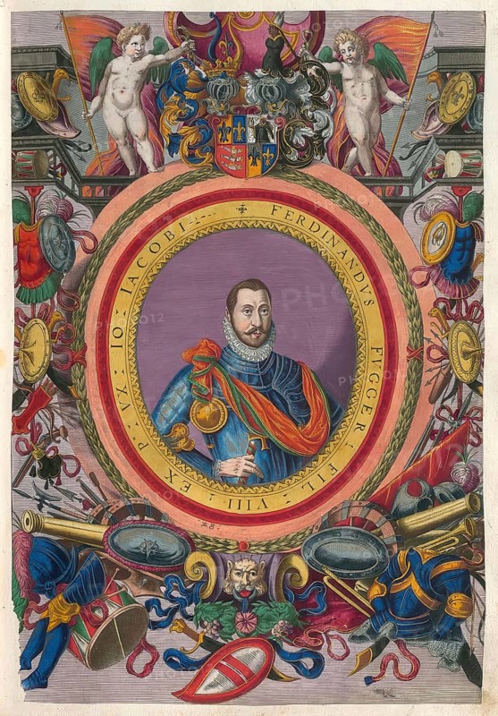Members of the famous Augsburg Fugger family, Ferdinand, Baron Fugger (1552-1580), son of Johann Jakob, Baron Fugger (1516-1575), authentic reproduction from Fuggerorum et Fuggerarum imagines, a collection of coloured engravings created in the late 16th and early 17th century and made by Dominicus Custos, historical
