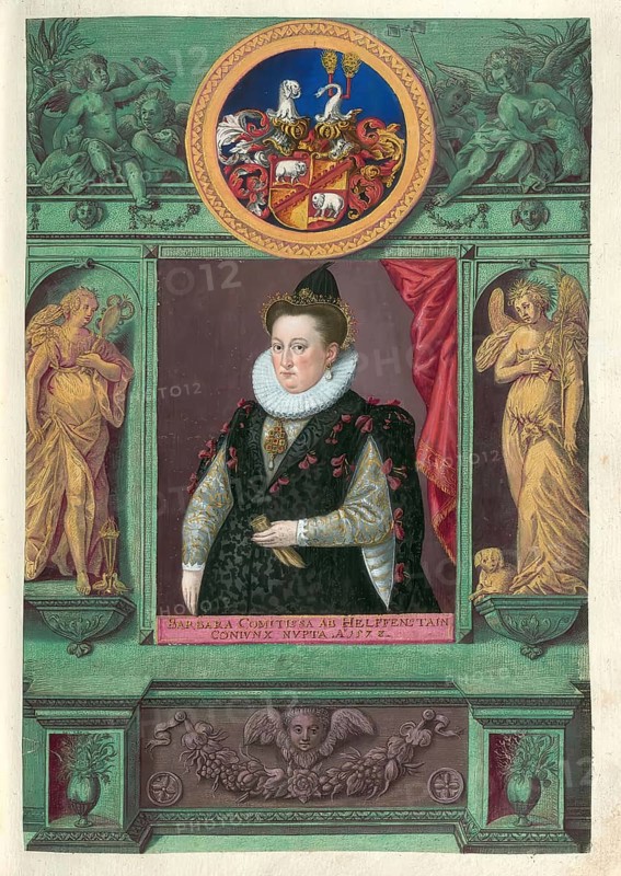 Members of the famous Augsburg Fugger family, Barbara Countess von Helfenstein (1534 - 1573), first woman of Anton Freiherr Fugger (1552-1616), authentic reproduction from Fuggerorum et Fuggerarum imagines, a collection of coloured engravings created in the late 16th and early 17th century by Dominicus Custos, historical