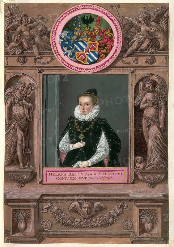 Members of the famous Augsburg Fugger family, Elena di Madruzzo (1564 - 1627), married to Georg, Count Fugger von Nordendorf, authentic reproduction from Fuggerorum et Fuggerarum imagines, a collection of coloured engravings produced in the late 16th and early 17th century by Dominicus Custos, historical