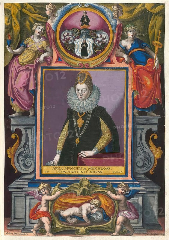 Members of the famous Augsburg Fugger family, Anna Maria Münich von Münchhausen (born ca. 1570), woman of Konstantin I. Fugger (1569 - 1627), Lord of Zinnenberg, authentic reproduction from Fuggerorum et Fuggerarum imagines, a collection of coloured engravings created in the late 16th and early 17th century and made by Dominicus Custos, historical