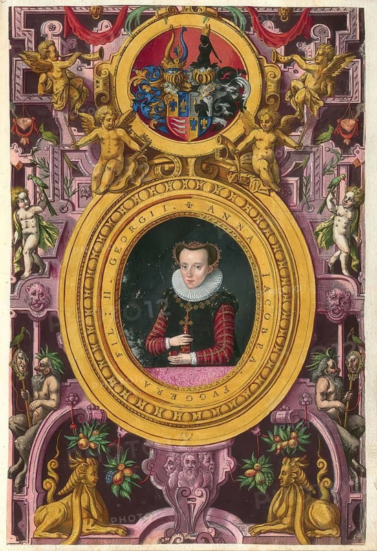 Members of the famous Augsburg Fugger family, Anna Jacobäa, Baroness Fugger (1547-1587), daughter of Georg Fugger (1518-1569), 1561-1582 nun in the Dominican convent of St. Katharina, first woman of Count Henry VII of Ortenburg (1556-1603, authentic reproduction from Fuggerorum et Fuggerarum imagines, a collection of coloured copperplate engravings created in the late 16th and early 17th century and made by Dominicus Custos, historical