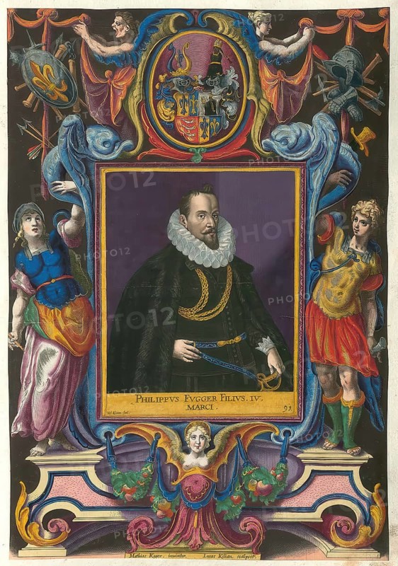 Members of the famous Augsburg Fugger family, Philipp (1567 - 1601), married to Barbara Fugger, son of Markus Fugger, authentic reproduction from Fuggerorum et Fuggerarum imagines, a collection of coloured engravings produced in the late 16th and early 17th century by Dominicus Custos, historical