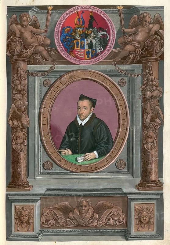 A portrait of a member of the famous Augsburg Fugger family, Viktor August Fugger (1547 - 1586), a member of the famous Augsburg merchant family Fugger. He was a canon in Passau, authentic reproduction from Fuggerorum et Fuggerarum imagines, a collection of coloured engravings created in the late 16th and early 17th century and made by Dominicus Custos, historical