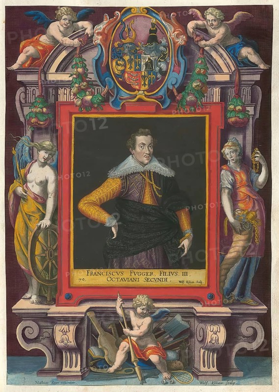 Members of the famous Fugger family in Augsburg, Franz Fugger von Kirchberg and Weissenhorn died at the age of 23, buried in Augsburg. He was the third son of Octavian Secundus, Freiherr Fugger, Herr zu Kirchberg 1549-1600., authentic reproduction from Fuggerorum et Fuggerarum imagines, a collection of colored copper engravings created in the late 16th and early 17th century and made by Dominicus Custos, historical