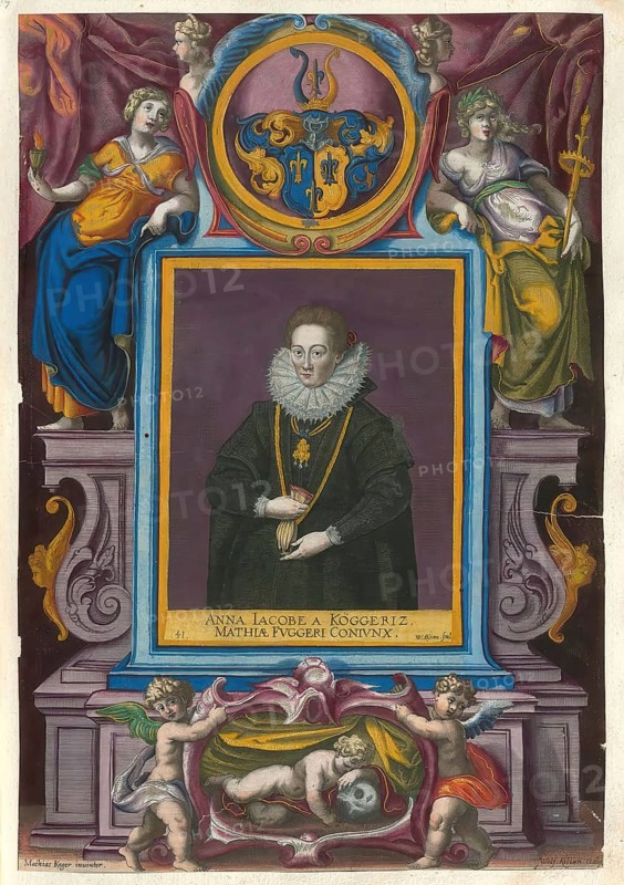 Members of the famous Augsburg Fugger family, Anna Jakobäa von Köckritz, woman of Matthias Fugger (1572 - 1603), authentic reproduction from Fuggerorum et Fuggerarum imagines, a collection of coloured copperplate engravings produced in the late 16th and early 17th century by Dominicus Custos, historical