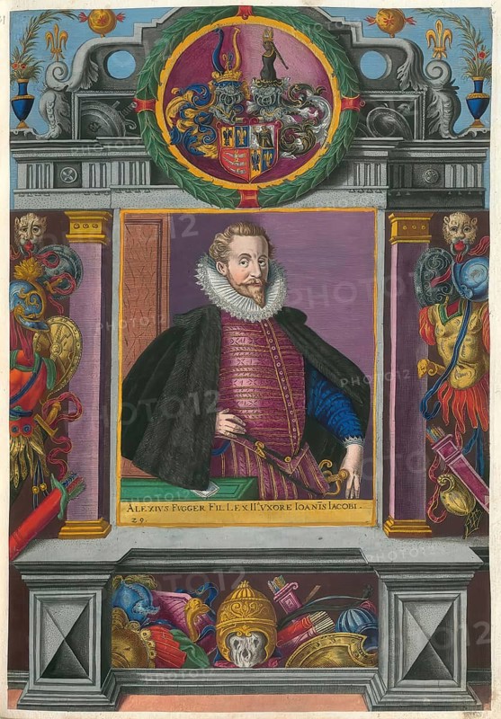 Members of the famous Augsburg Fugger family, Alexius, Baron Fugger (1562 - 1623), Lord of Adelshofen, son of Johann Jakob Fugger, married to Maria von Gumppenberg (1570 - 1613), authentic reproduction from Fuggerorum et Fuggerarum imagines, a collection of coloured engravings created in the late 16th and early 17th century and made by Dominicus Custos, historical