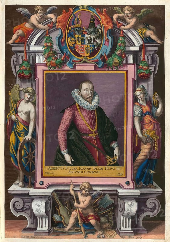 Members of the famous Augsburg Fugger family, Albrecht, Albert, Fugger, (1565 - 1624), son of Johann Jakob Fugger, married to Katharina von Gumppenberg (1581 - 1661), authentic reproduction from Fuggerorum et Fuggerarum imagines, a collection of coloured engravings created in the late 16th and early 17th century and made by Dominicus Custos, historical