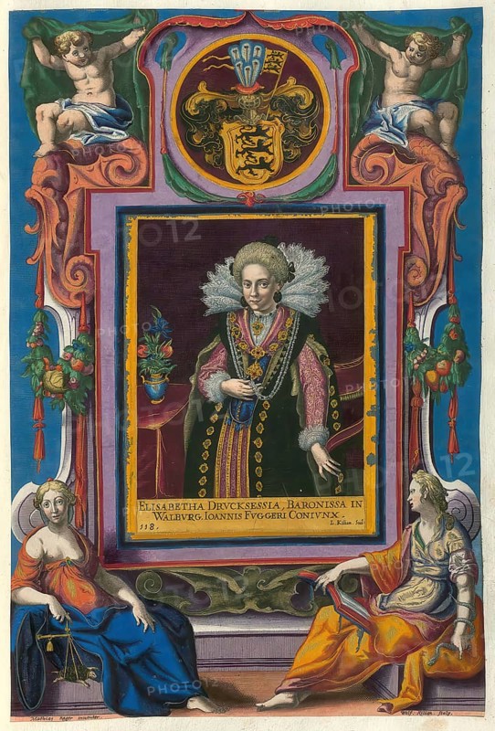 Members of the famous Augsburg Fugger family, Elisabetha Drucksessia, Maria Elisabeth Fugger (born around 1600, died 1660), German countess and baroness who was married to the general Otto Heinrich Fugger, authentic reproduction from Fuggerorum et Fuggerarum imagines, a collection of coloured copperplate engravings created in the late 16th and early 17th century and made by Dominicus Custos, historical