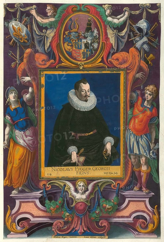 Members of the famous Augsburg Fugger family, Nikolaus Fugger (1596 to 1676), son of Georg Fugger, authentic reproduction from Fuggerorum et Fuggerarum imagines, a collection of coloured engravings produced in the late 16th and early 17th century by Dominicus Custos, historical